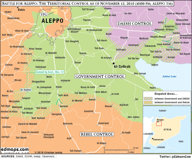 Harta zonelor disputate din zona orasului Alep la 12 noiembrie 2015
